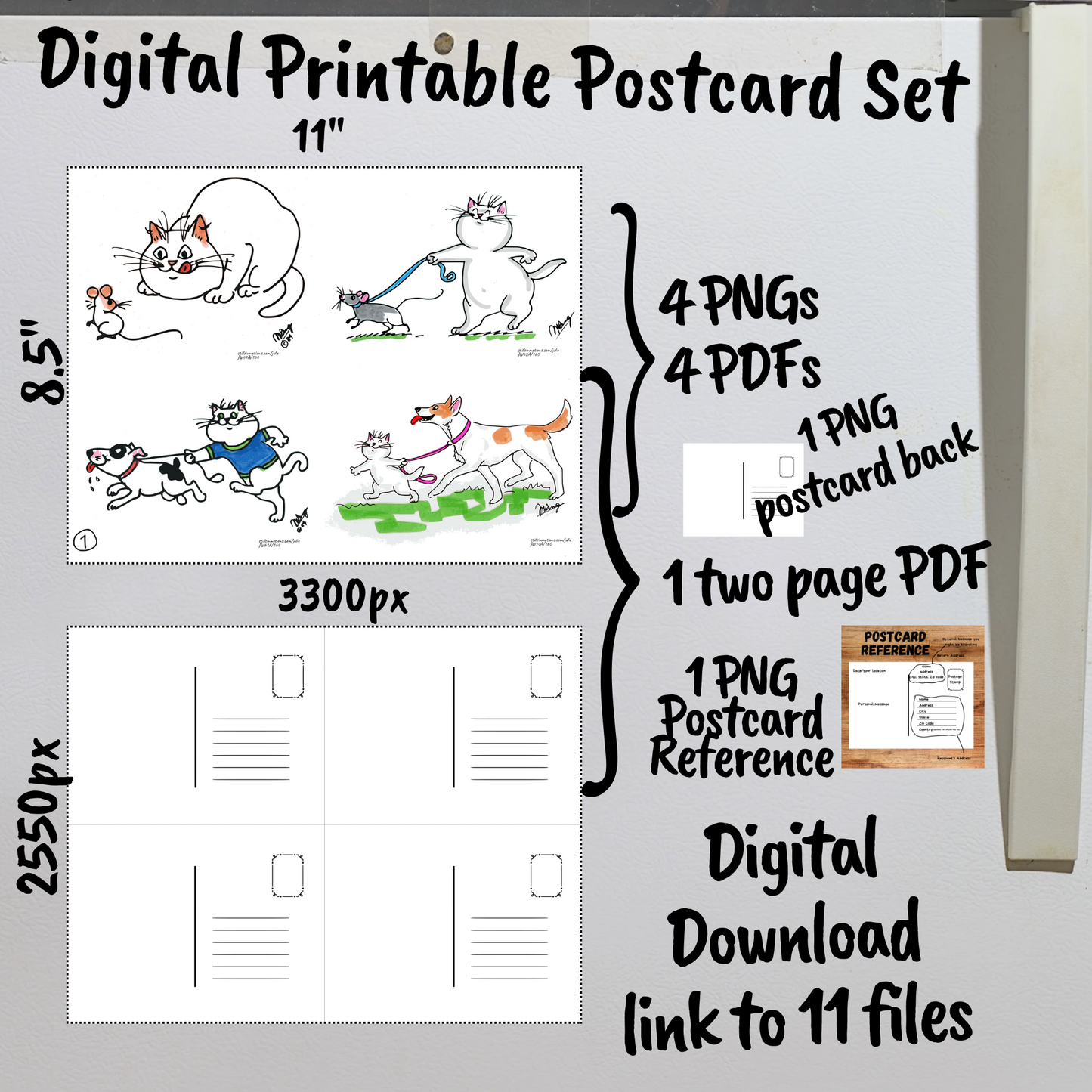 Cats with Pets Digital Printable Postcards Set