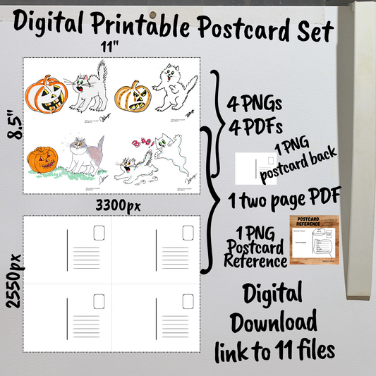 Meowloween Digital Printable Postcards Set