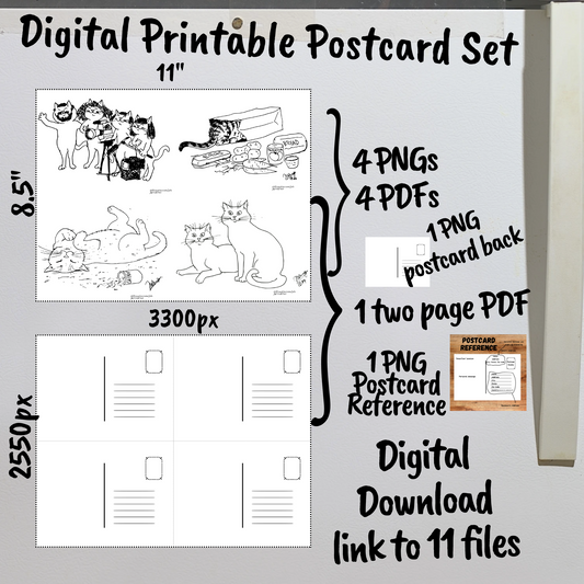 Uncolored Cats Digital Printable Postcards Set
